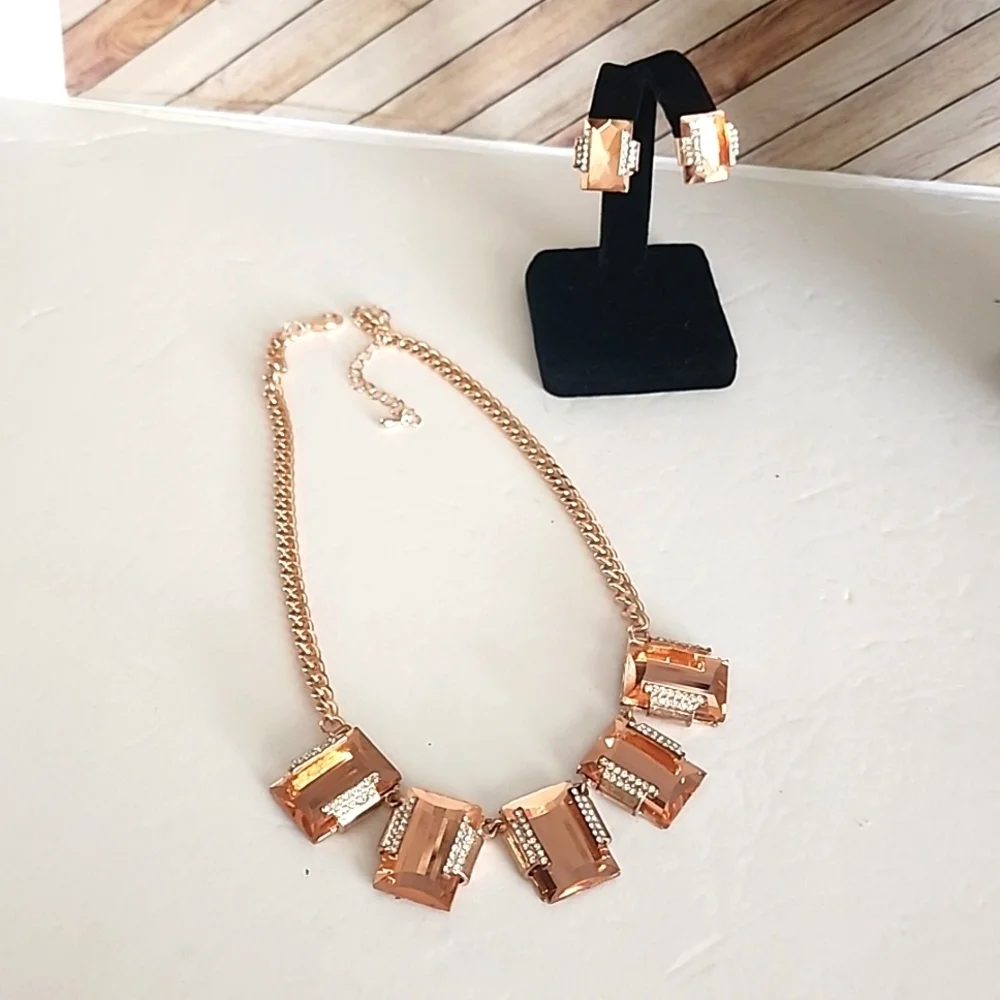 Rose Gold Crystal Pendants Necklace and Matching Earrings Set